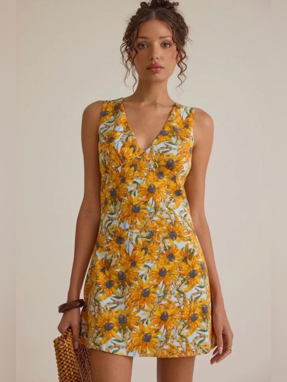 Altar'd State Yellow Sunflower V-Neck Sleeveless Mini Dress